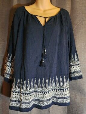 Merona XXL Navy Embroidered Boho Peasant Top Tassel Tie 3/4 Sleeve